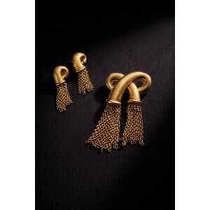 Vintage Monet Gold Tone Tassel Brooch & Earrings Set 1960s 70s Knot Statement